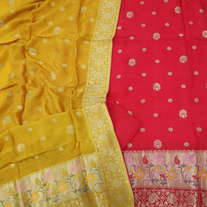 Darmiyan Fery Rose Pink Dola Silk Top with Yellow Dola Silk Dupatta