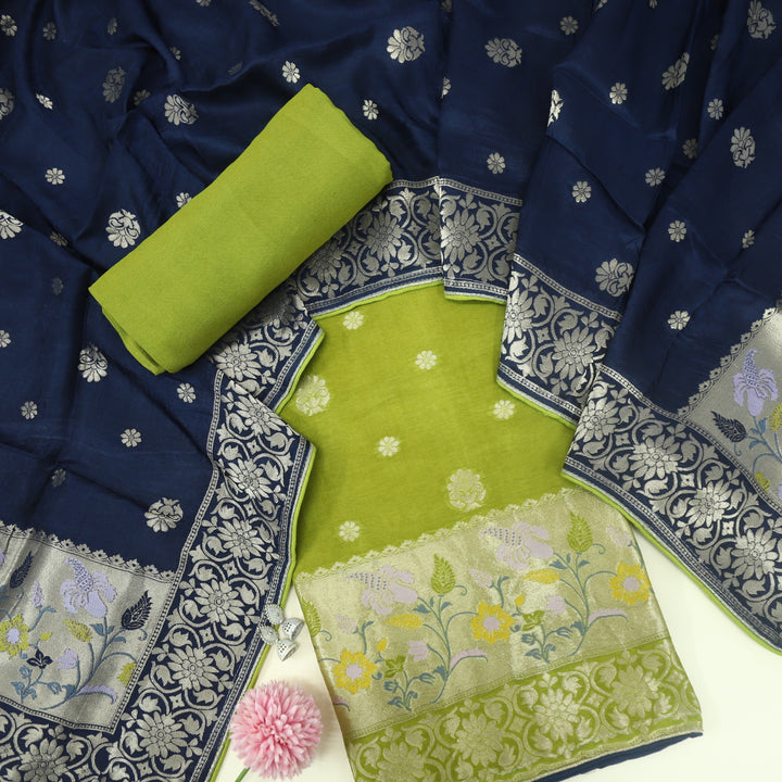 Darmiyan Sheen Green Dola Silk Top with Blue Dola Silk Dupatta D-3
