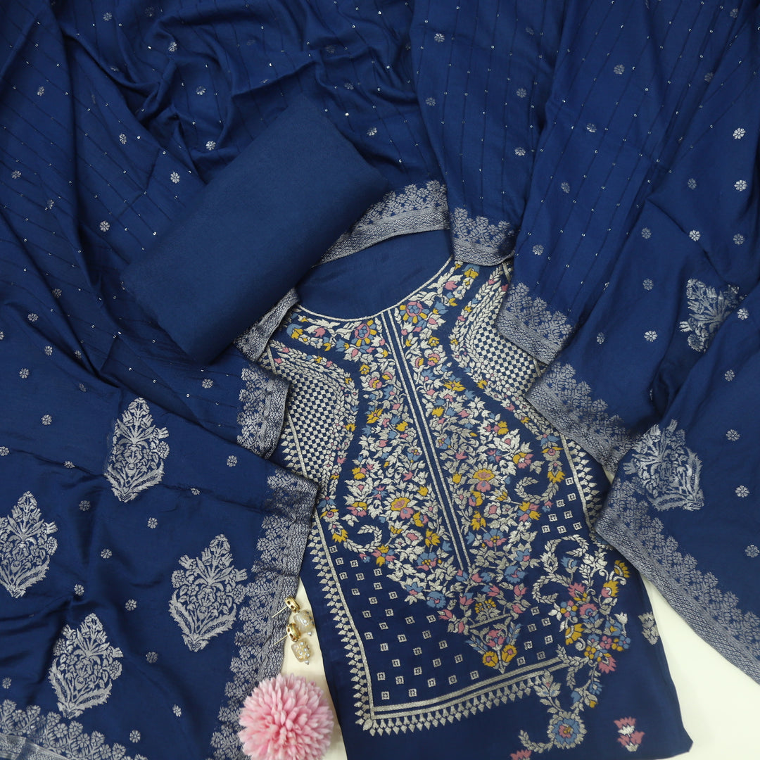 Rushna Space Blue Dola Silk Top with Chanderi Silk Dupatta