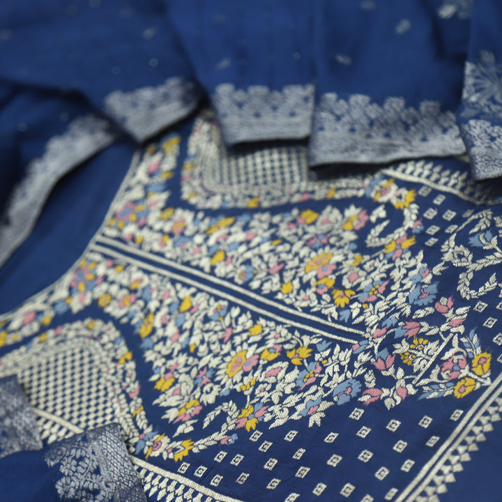 Rushna Space Blue Dola Silk Top with Chanderi Silk Dupatta