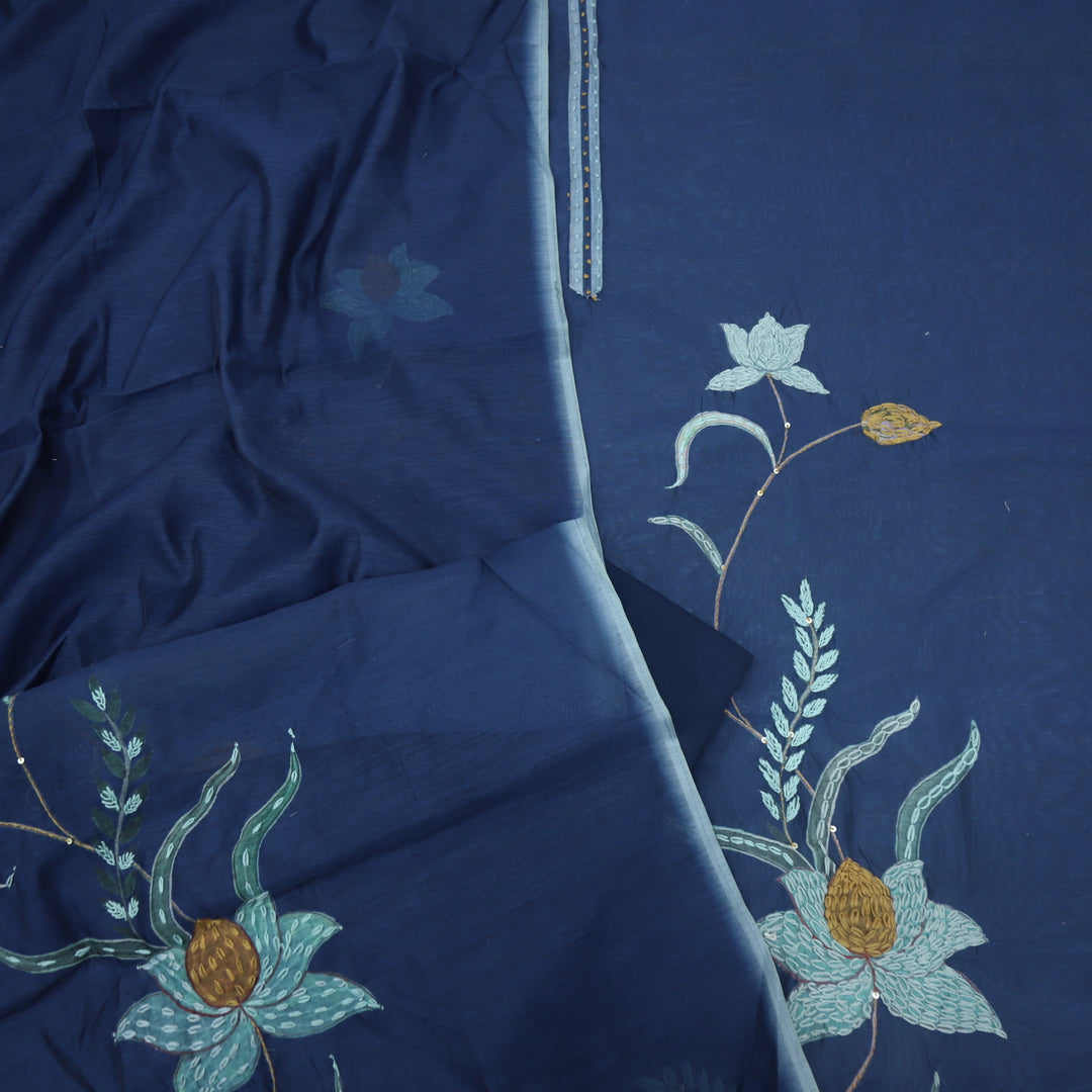 Kohinoor Indigo Blue Chanderi Top with Kantha Work Chanderi Dupatta