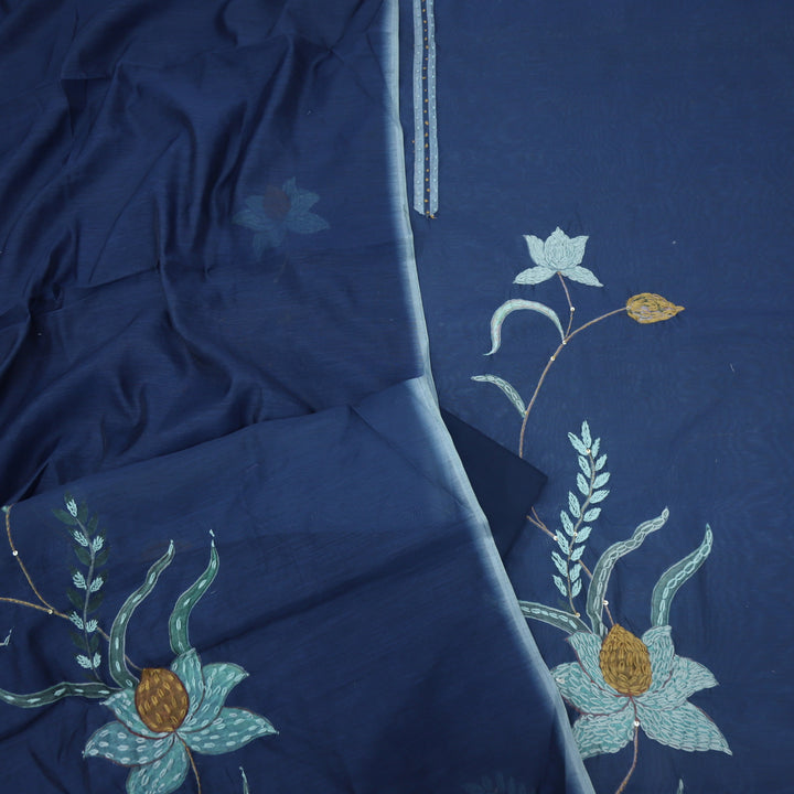 Kohinoor Indigo Blue Chanderi Top with Kantha Work Chanderi Dupatta