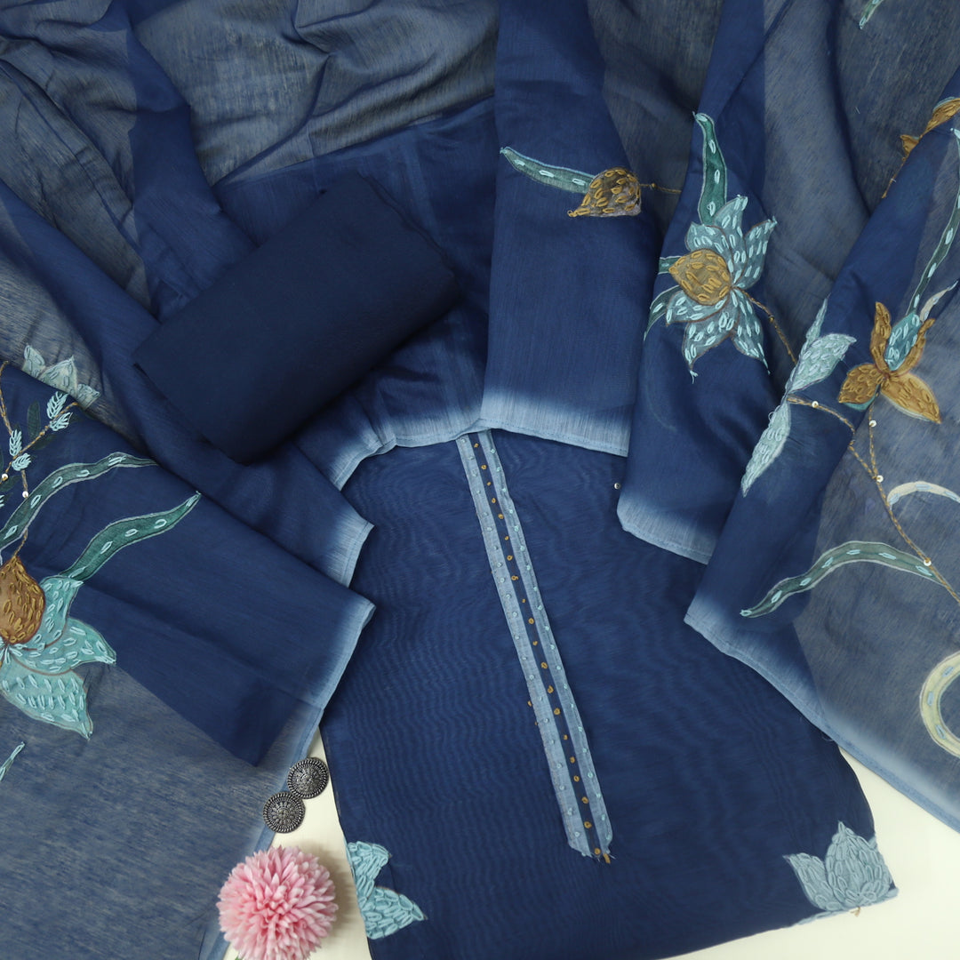 Kohinoor Indigo Blue Chanderi Top with Kantha Work Chanderi Dupatta