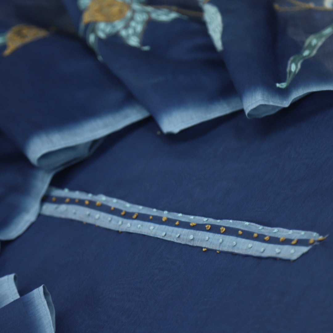 Kohinoor Indigo Blue Chanderi Top with Kantha Work Chanderi Dupatta