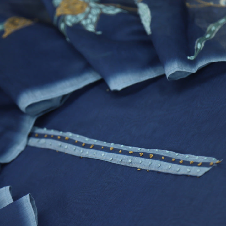 Kohinoor Indigo Blue Chanderi Top with Kantha Work Chanderi Dupatta