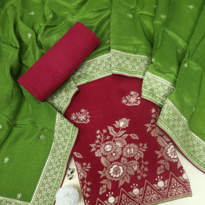 Darmiyan Garnet Red Dola Silk Top with Green Dola Silk Dupatta D-2