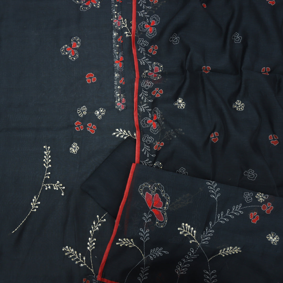 Ehmiyat Metal Black Chanderi Top with Kantha Work Chanderi Dupatta