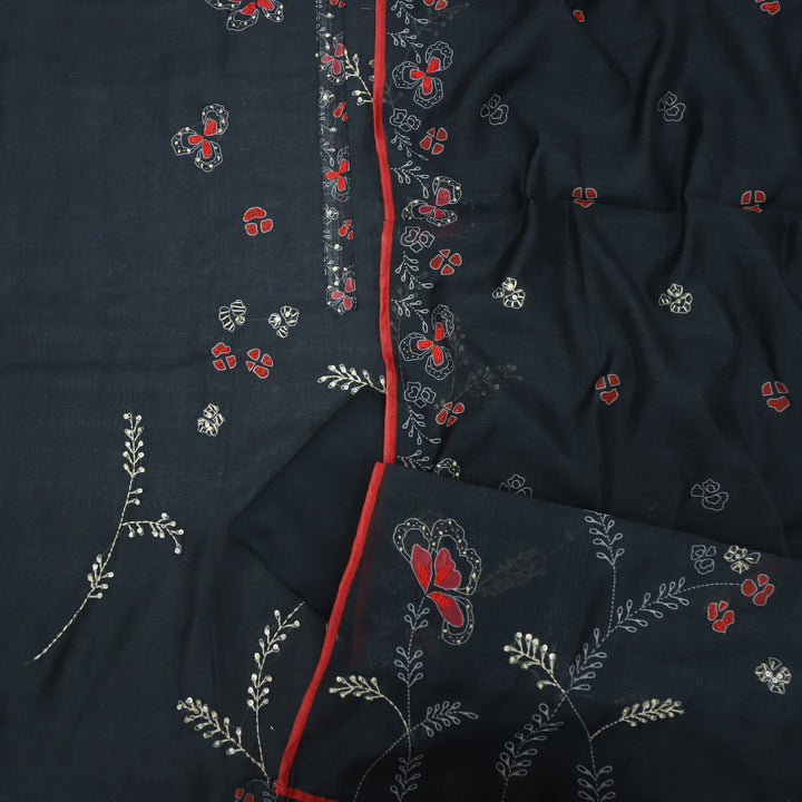 Ehmiyat Metal Black Chanderi Top with Kantha Work Chanderi Dupatta