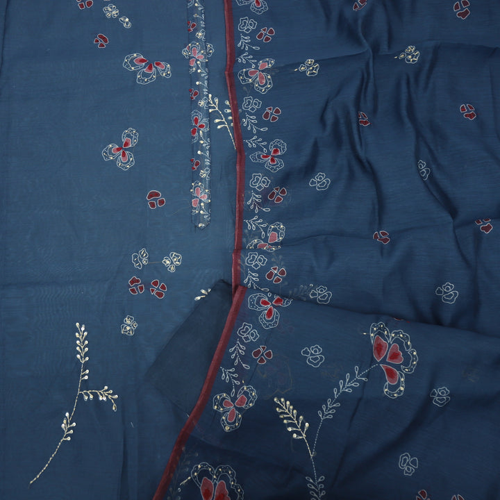 Ehmiyat Oxford Blue Chanderi Top with Kantha Work Chanderi Dupatta