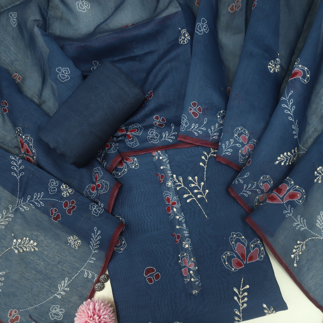 Ehmiyat Oxford Blue Chanderi Top with Kantha Work Chanderi Dupatta