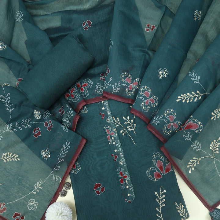 Ehmiyat Sacramento Green Chanderi Top with Kantha Work Chanderi Dupatta