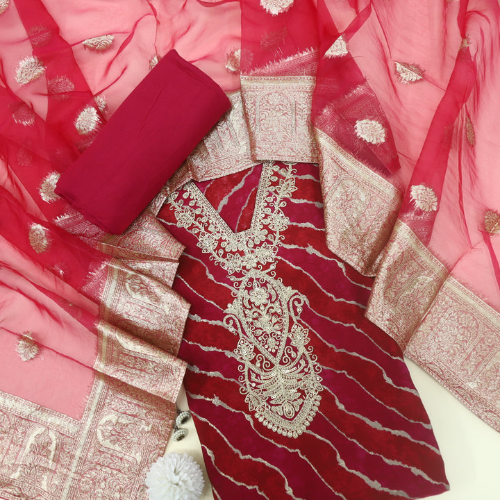 Fanaa Carmine Pink V Neck Muslin Top and Organza Dupatta