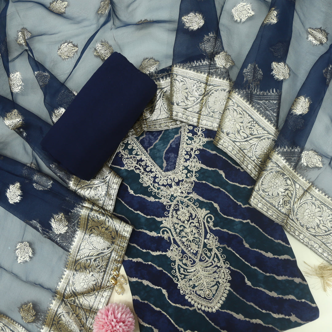 Fanaa Prussian Blue V Neck Muslin Top and Organza Dupatta