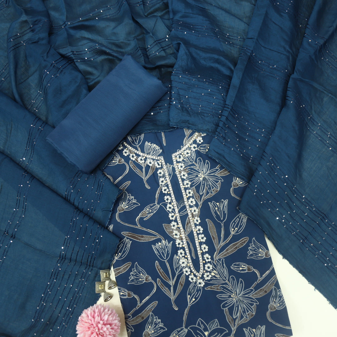 Baseerat Denim Blue Printed Modal Top With Cotton Silk Dupatta