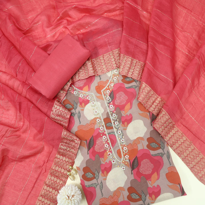 Manzeel Ruby Pink Printed Modal Top With Chanderi Silk Dupatta