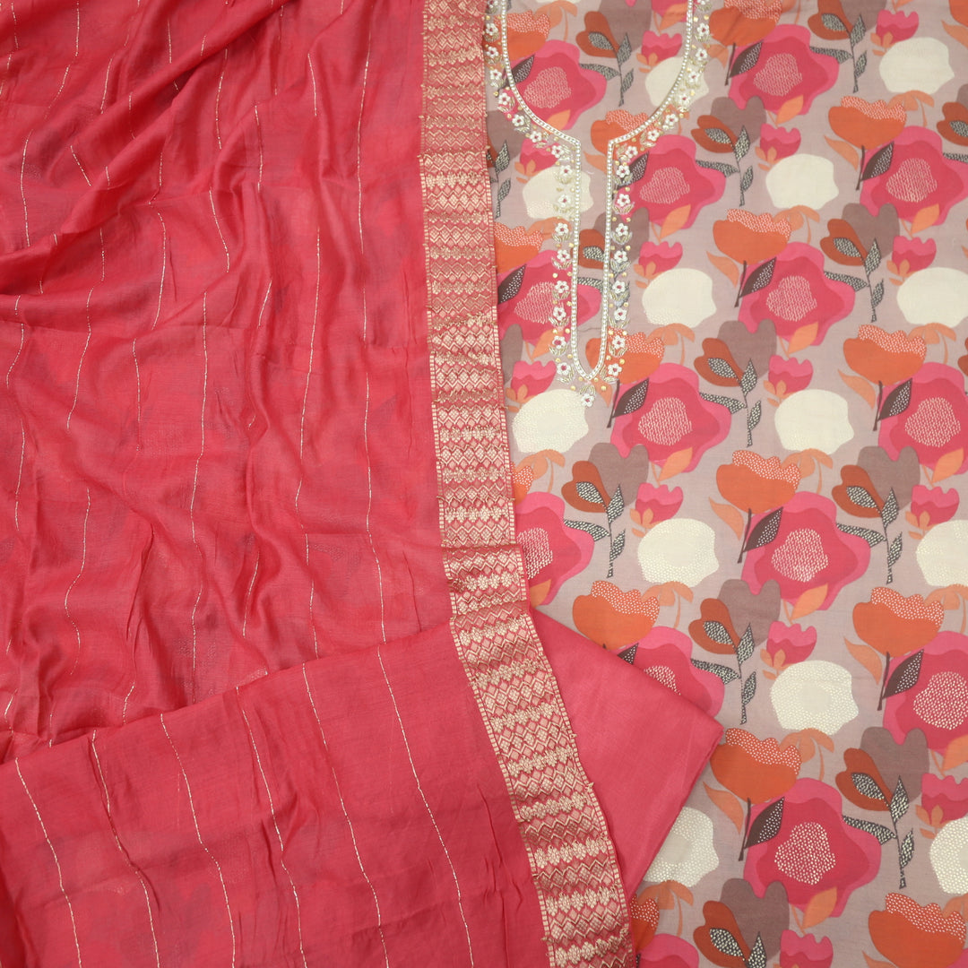 Manzeel Ruby Pink Printed Modal Top With Chanderi Silk Dupatta