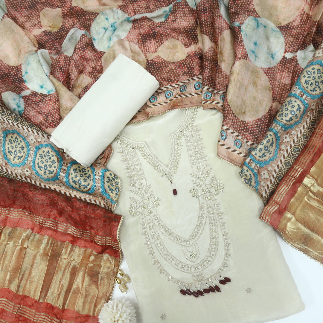 Gardish Cream White Tissue Silk With Gaji Silk Dupatta