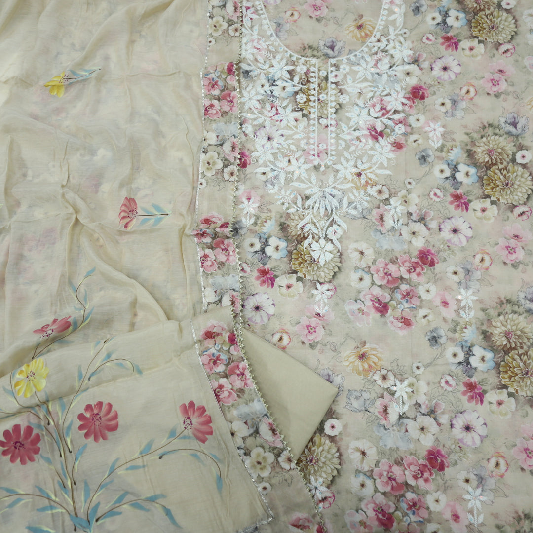 Diwaangi Buttermilk Cream Cotton Top With Chanderi Silk Dupatta