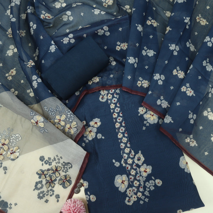Kohinoor Indigo Dye Blue Chanderi Top with Kantha Work Dupatta