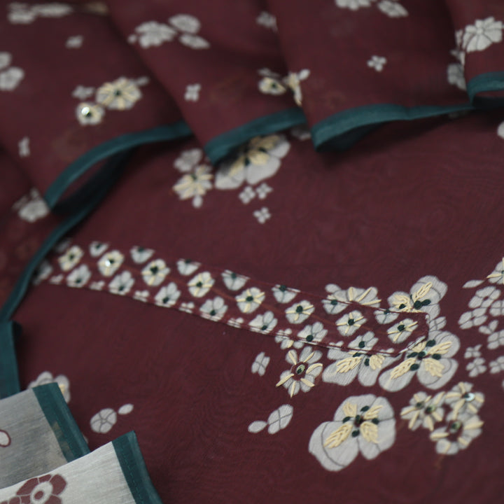 Kohinoor Hickory Brown Chanderi Top with Kantha Work Dupatta