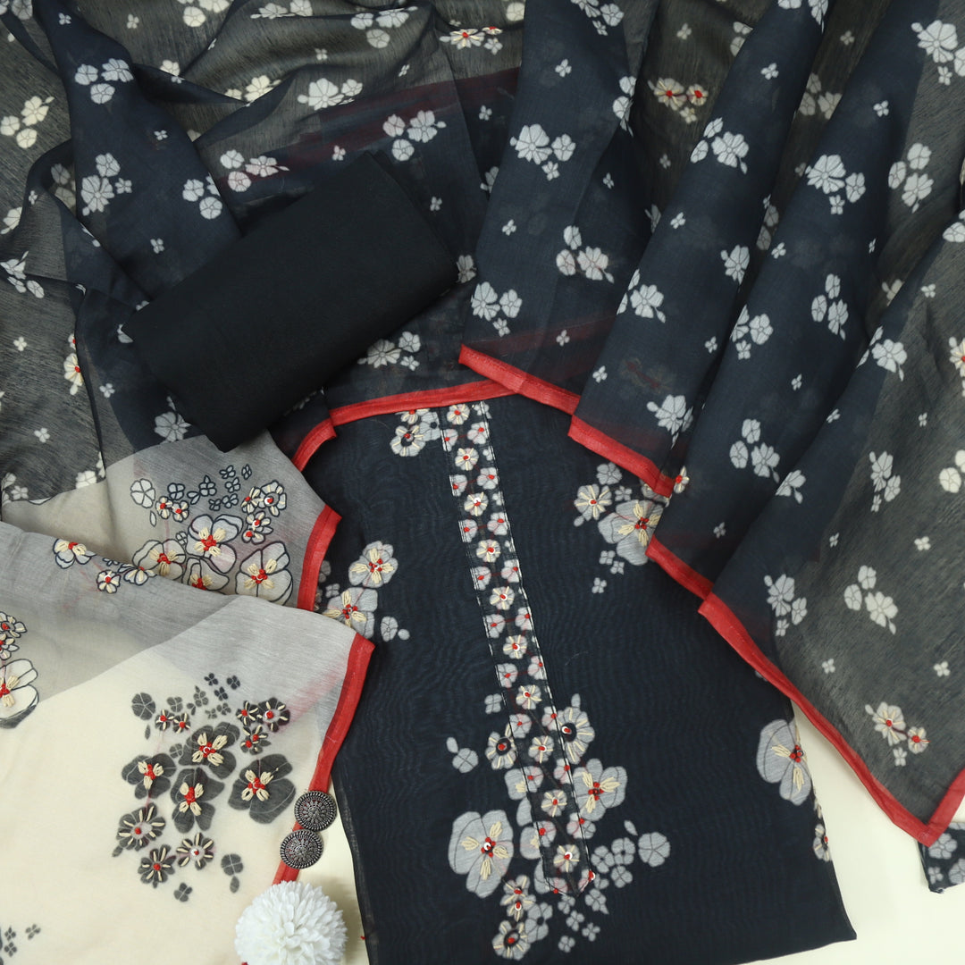 Kohinoor Smoke Black Chanderi Top with Kantha Work Dupatta