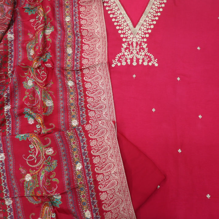 Takalluf Barbie Pink V Neck Dola Silk Top with Organza Dupatta