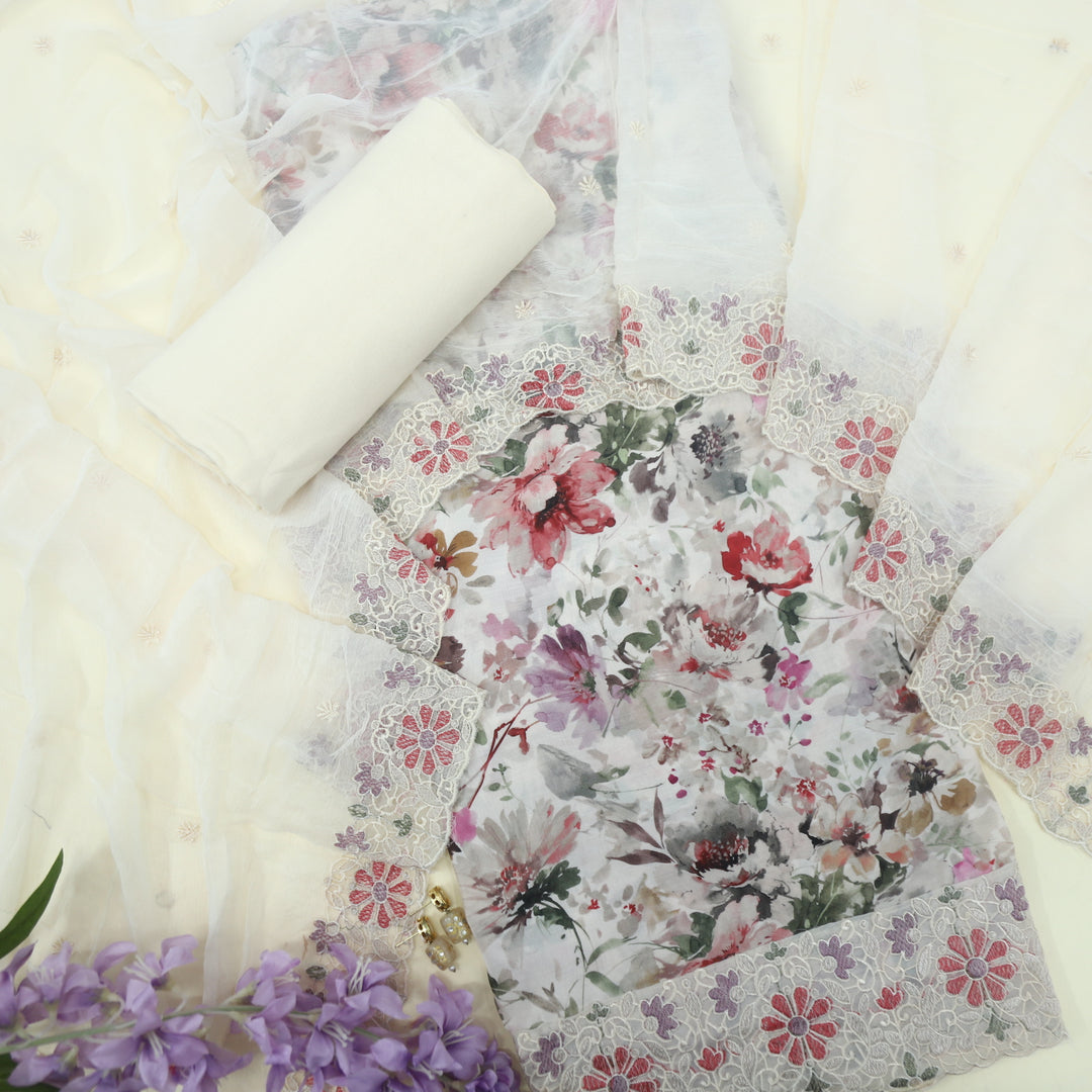 Gulshan Eggshell Cream Printed Muslin Top With Chiffon Dupatta