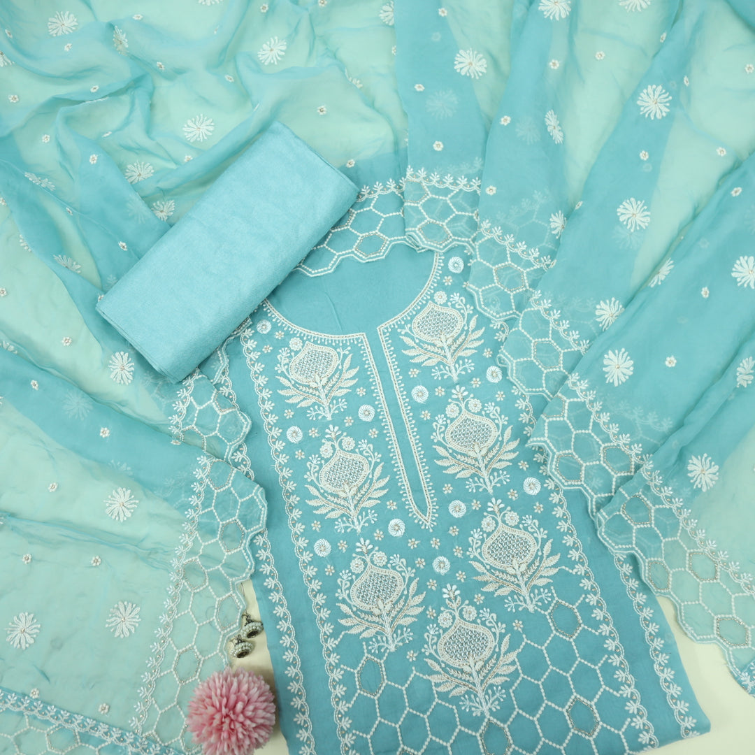 Jahaan Artic Blue Organza Top with Organza Dupatta