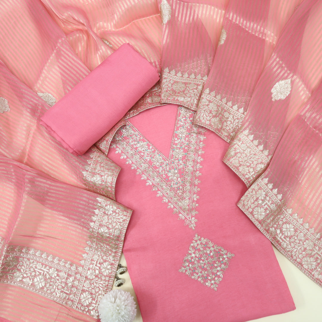 Hassmuk Punch Pink V Neck Dola Silk Top with Organza Dupatta