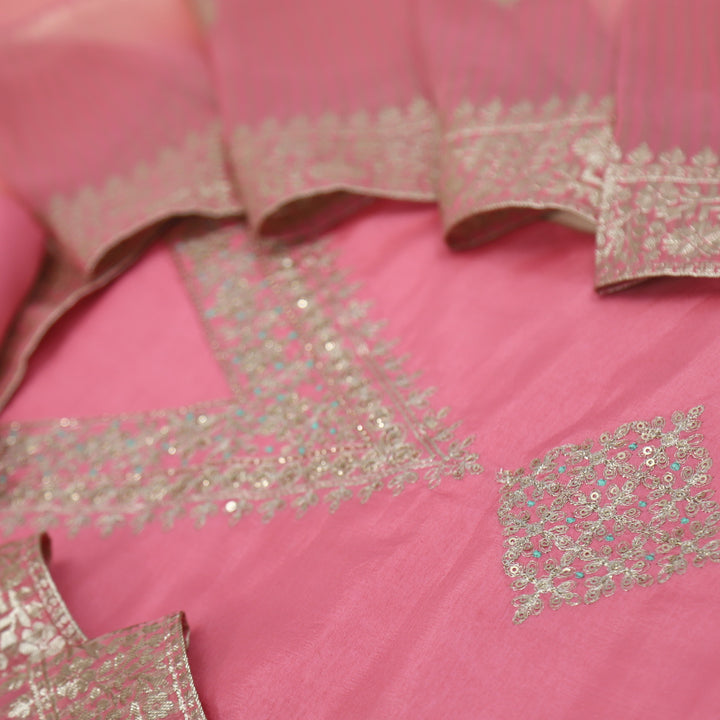 Hassmuk Punch Pink V Neck Dola Silk Top with Organza Dupatta