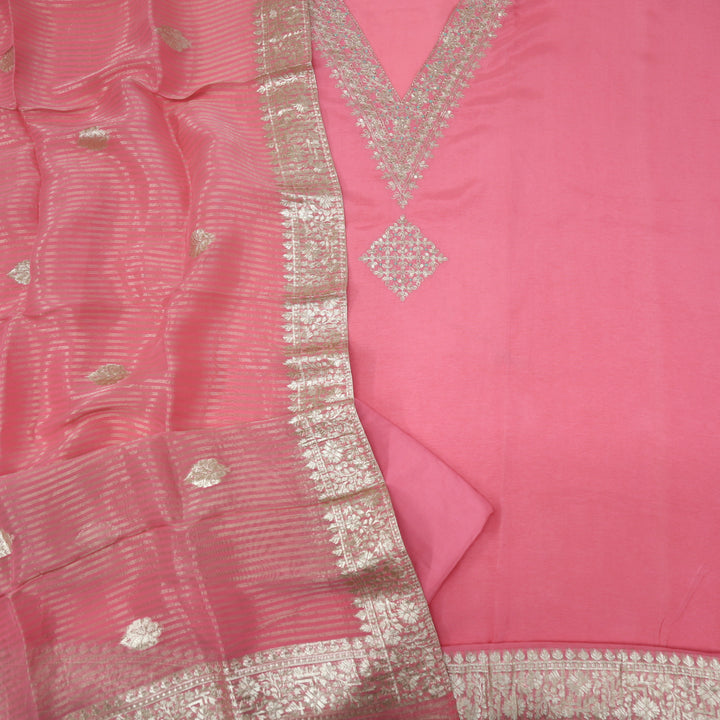 Hassmuk Punch Pink V Neck Dola Silk Top with Organza Dupatta