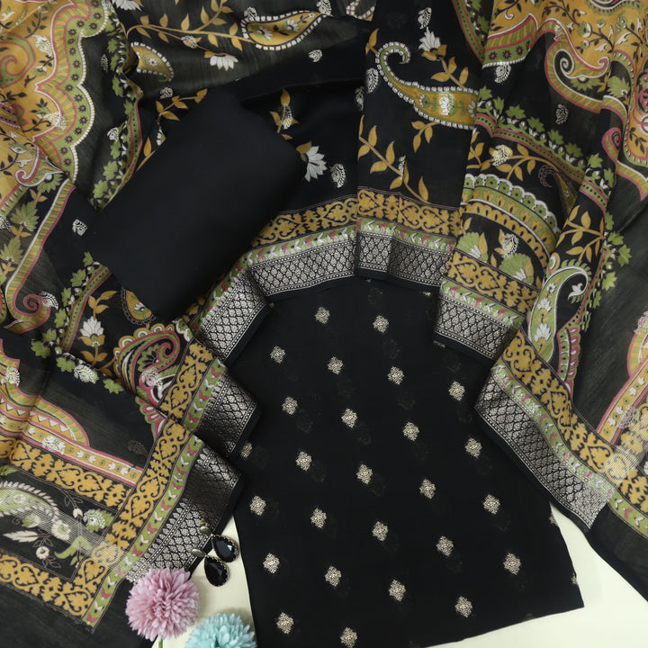 Gulshan Charcoal Black Premium Chanderi Top with Chanderi Dupatta