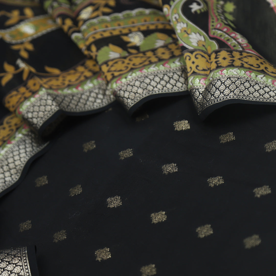 Gulshan Charcoal Black Premium Chanderi Top with Chanderi Dupatta