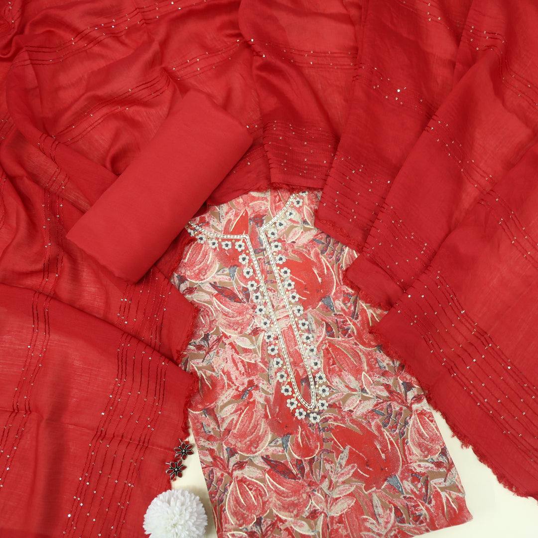 Manzeel Apple Red Printed Modal Top With Chanderi Silk Dupatta