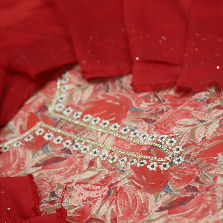 Manzeel Apple Red Printed Modal Top With Chanderi Silk Dupatta