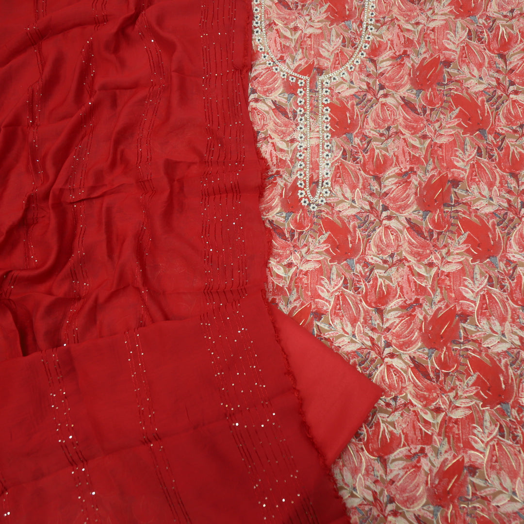 Manzeel Apple Red Printed Modal Top With Chanderi Silk Dupatta