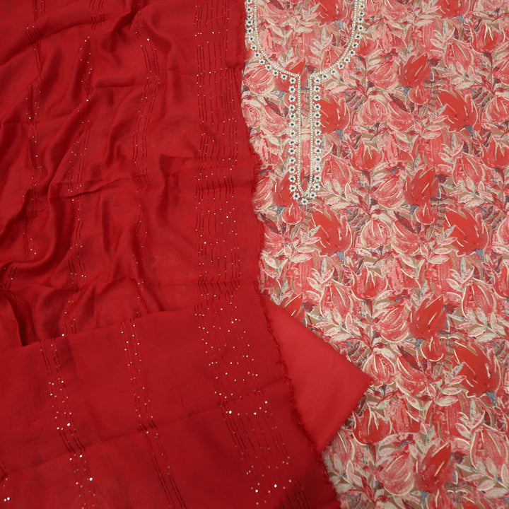Manzeel Apple Red Printed Modal Top With Chanderi Silk Dupatta