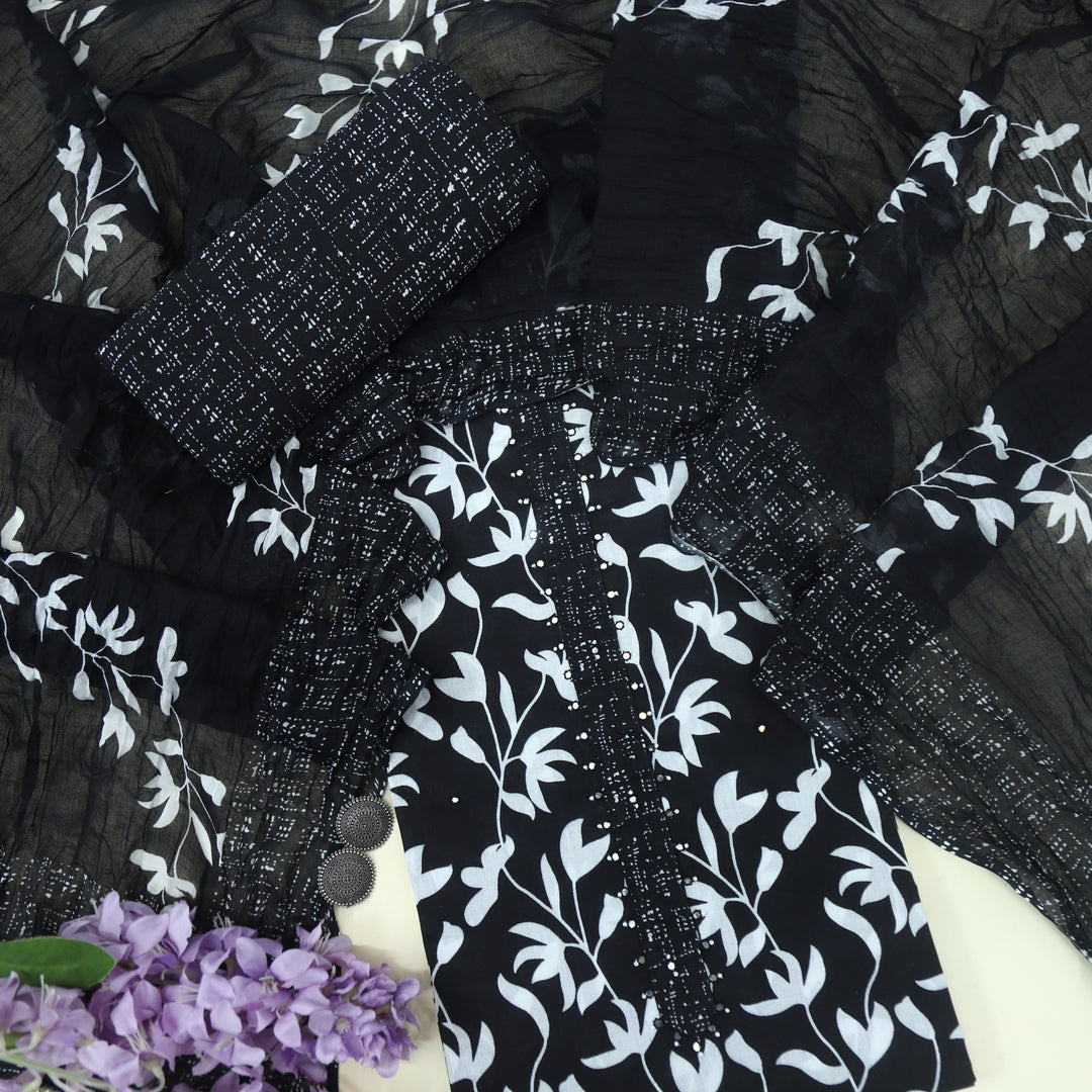 Takalluf Ebony Black Floral Printed Cotton Top and Cotton Dupatta
