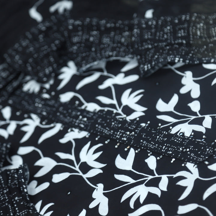Takalluf Ebony Black Floral Printed Cotton Top and Cotton Dupatta