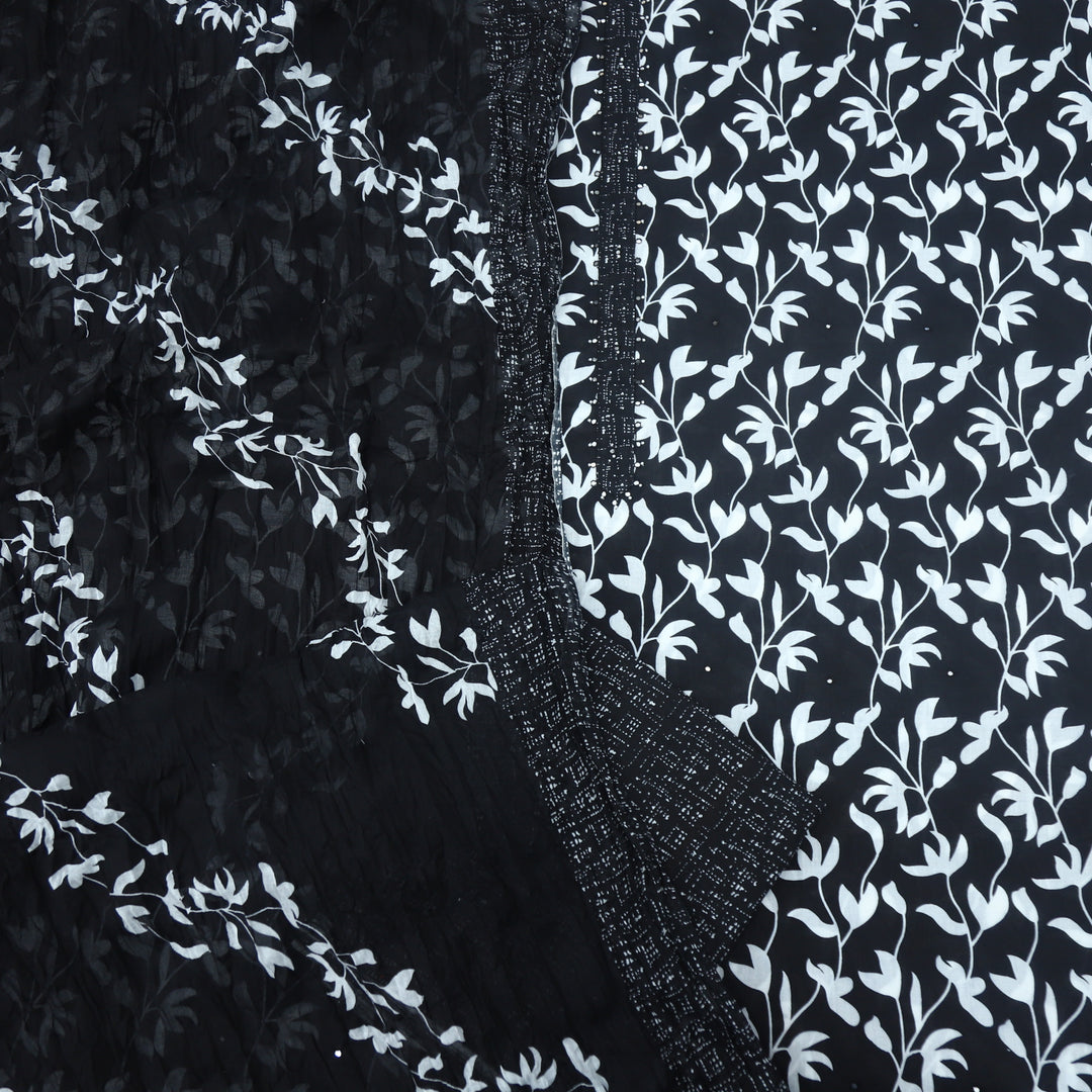 Takalluf Ebony Black Floral Printed Cotton Top and Cotton Dupatta