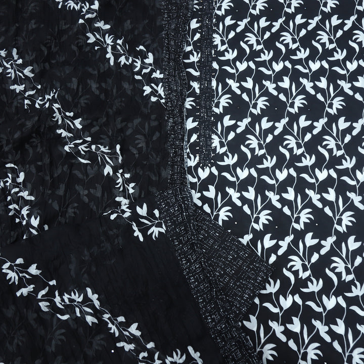Takalluf Ebony Black Floral Printed Cotton Top and Cotton Dupatta