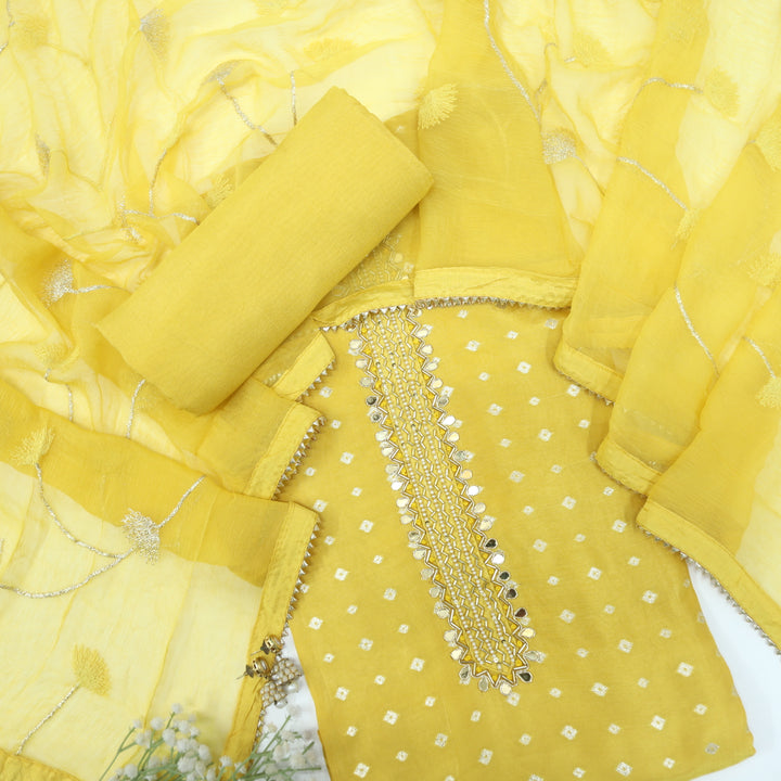 Hassmuk Butter Yellow Dola Silk Top and Chiffon Dupatta