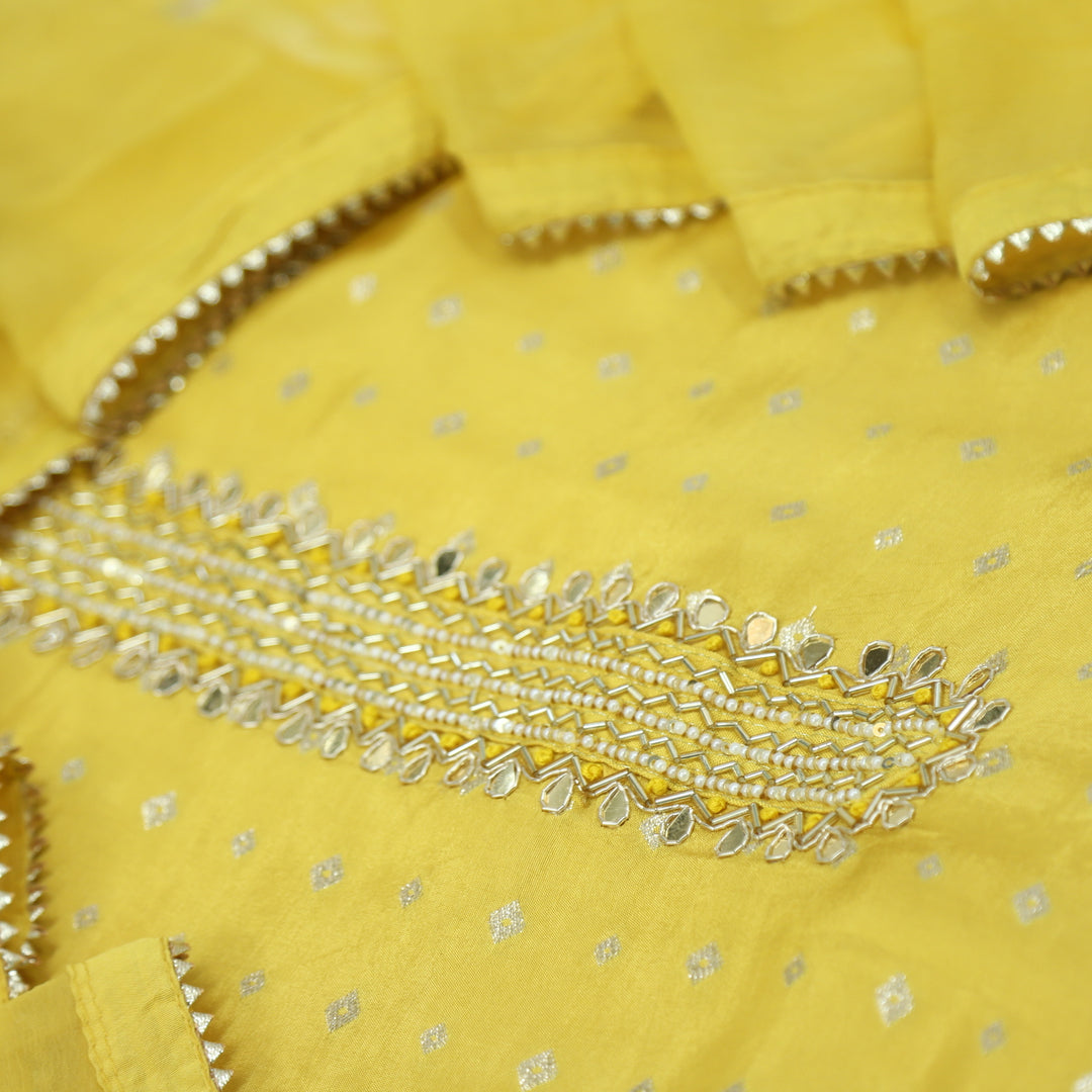 Hassmuk Butter Yellow Dola Silk Top and Chiffon Dupatta