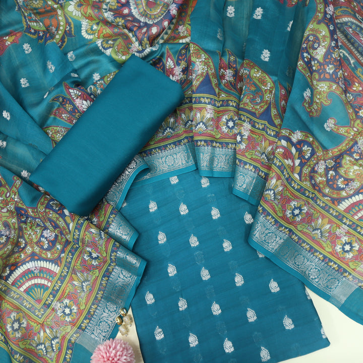 Gulshan Ocean Blue Premium Chanderi Top with Chanderi Dupatta