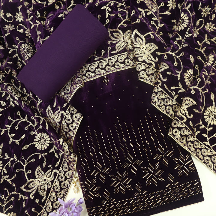 Noor Royal Purple Swarovski Work Velvet Top with Velvet Dupatta