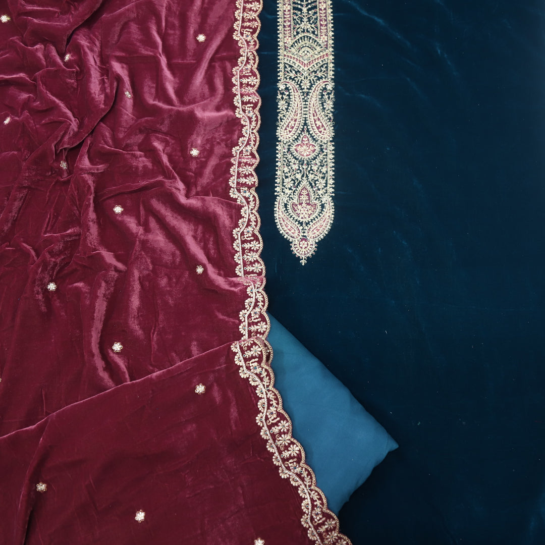 Noor Royal Teal Zari Work Velvet Top with Velvet Dupatta