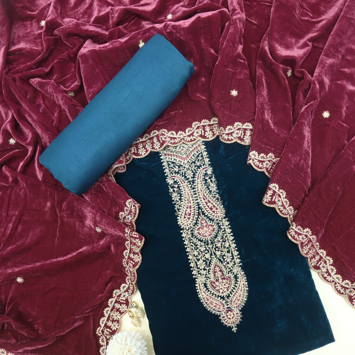 Noor Royal Teal Zari Work Velvet Top with Velvet Dupatta