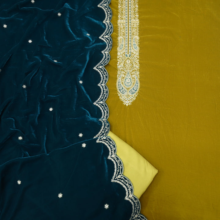 Noor Dandelion Yellow Zari Work Velvet Top with Velvet Dupatta