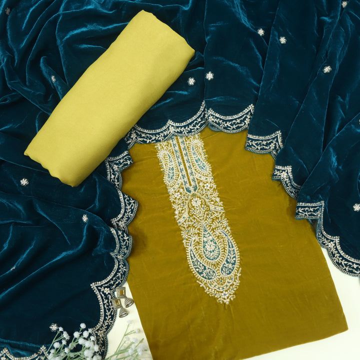 Noor Dandelion Yellow Zari Work Velvet Top with Velvet Dupatta