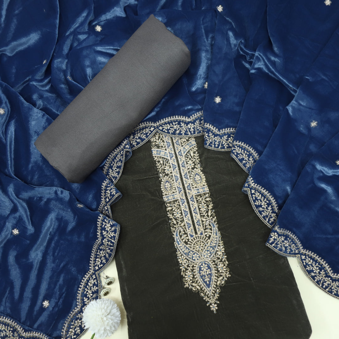 Noor Fossil Grey Zari Work Velvet Top with Velvet Dupatta